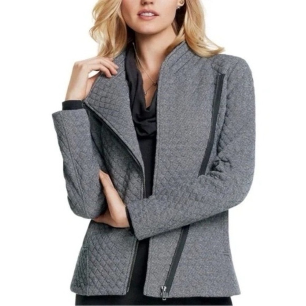 CAbi Gray Herringbone Asymmetrical Zip-Front Knit Jacket Size L